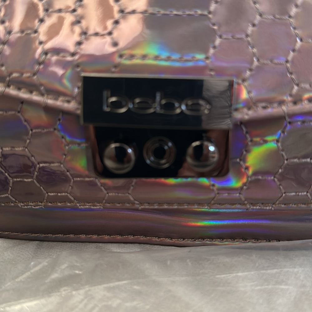NWT BEBE Ona Crossbody Iridescent Holographic Silver Metallic Quilt Chain Purse - Picture 2 of 12